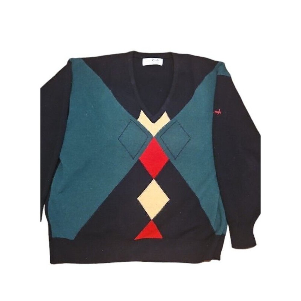 Vintage Pringle Sweater Scotland Pure Wool Mens XL Argyle Navy Blue